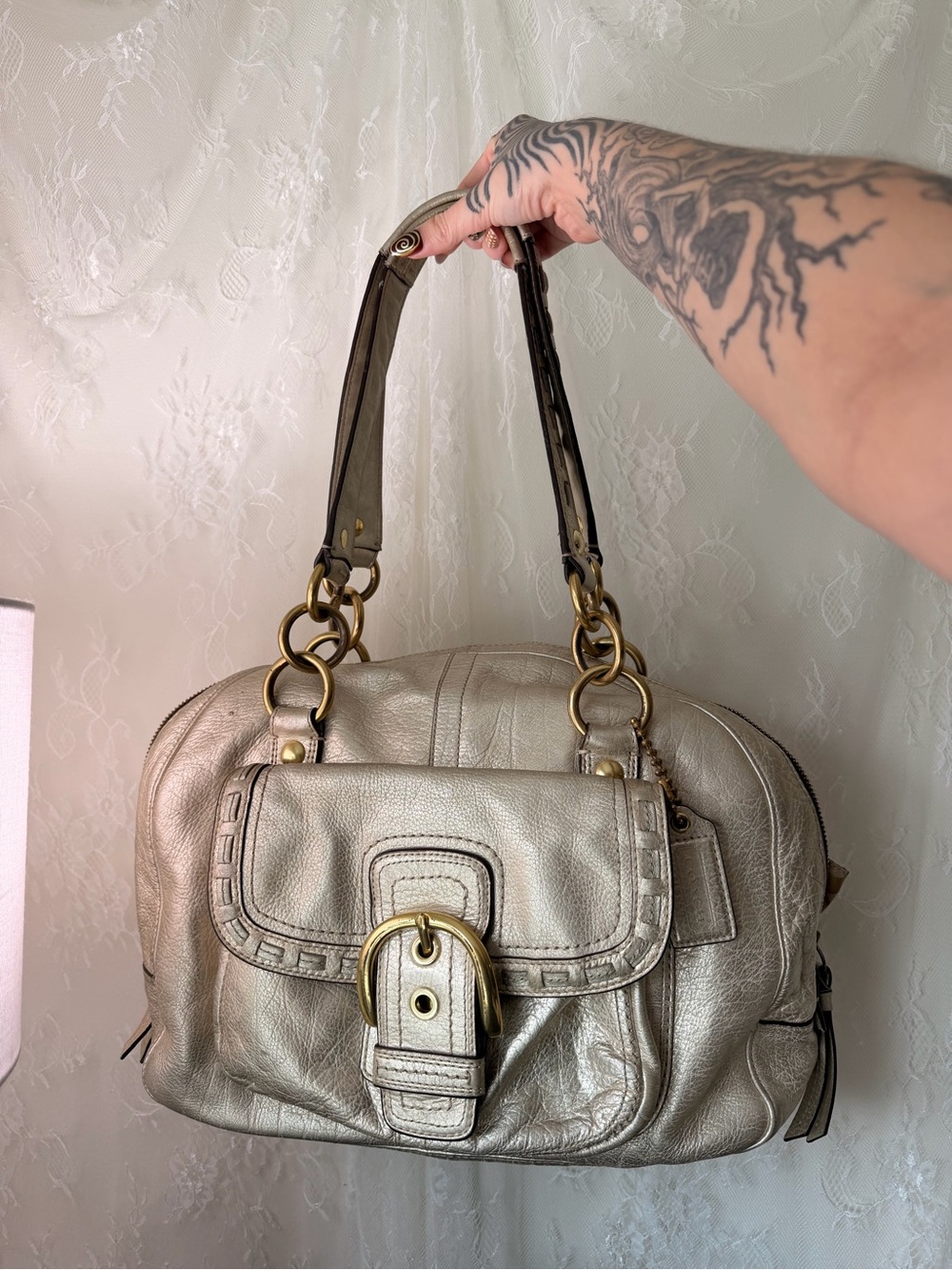 Coach Metallic Silver Leather Satchel with Buckle Front